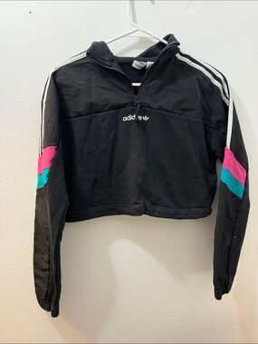 adidas Black Cropped Half-Zip Pullover with Pink & Teal Sleeve Panels